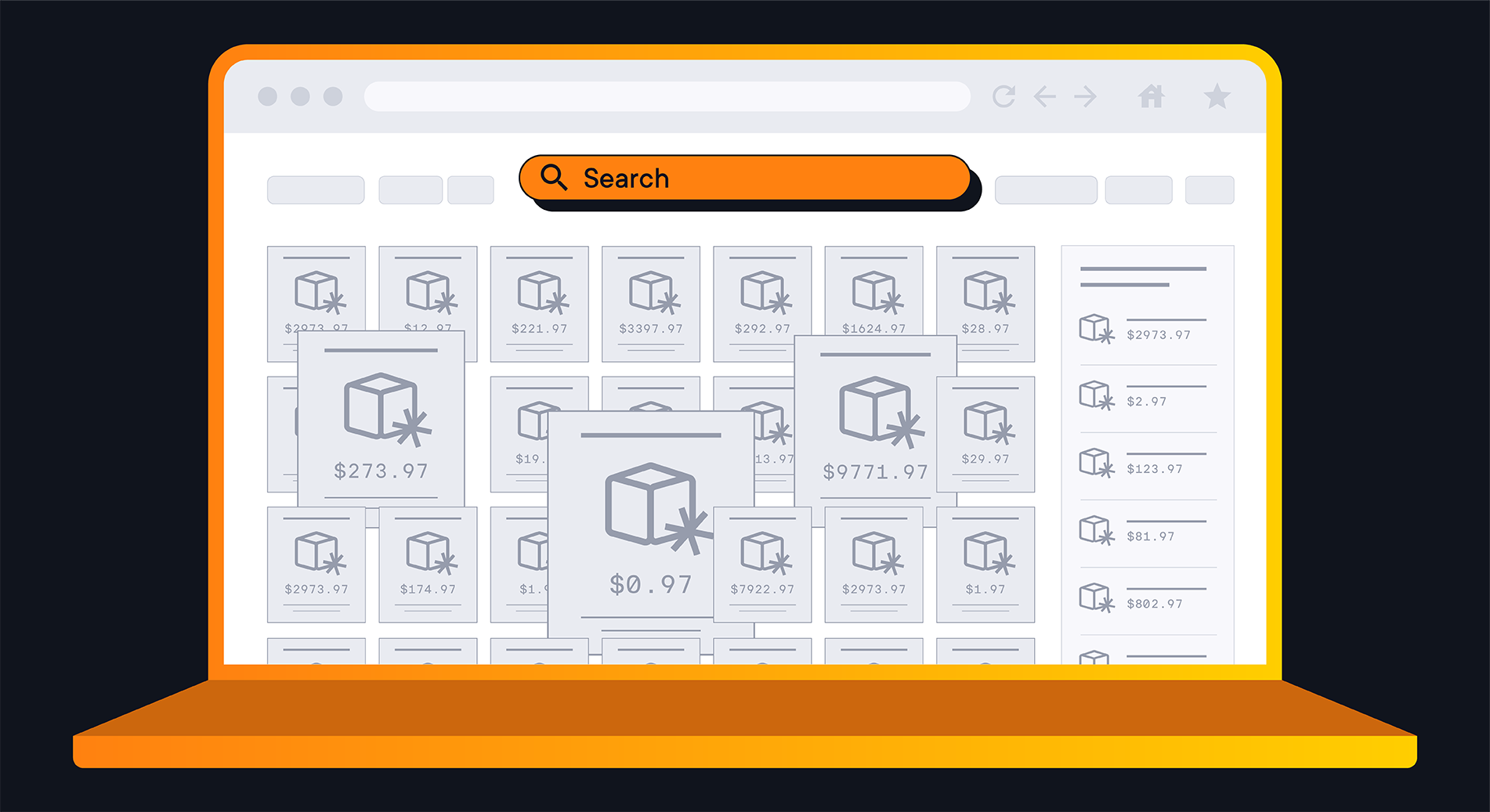 Illustration of an open laptop, product catalog on the screen.